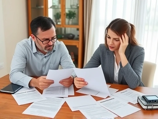 A couple sitting at a table, looking stressed and discussing divorce documents with serious expressions, financial papers scattered around.