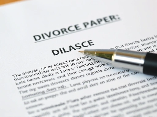 Close-up of divorce papers with a pen, highlighting key clauses and legal jargon under review, emphasizing the complexity of the document.
