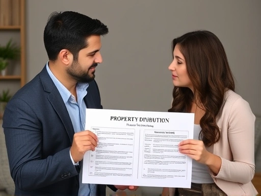 A couple discussing property division during a divorce, emphasizing fair distribution and legal aspects.