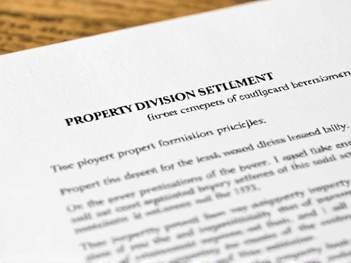 Close-up of a legal document outlining property division principles in a divorce settlement.