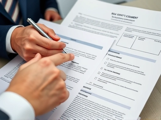 두 손이 복잡한 법률 서류와 부동산 등기부등본, 그리고 공인중개사의 서류를 가리키고 있는 클로즈업 사진.