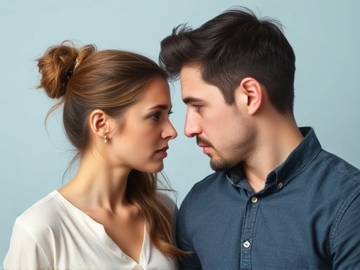 A couple facing each other with worried expressions, symbolizing the difficulty of divorce refusal.