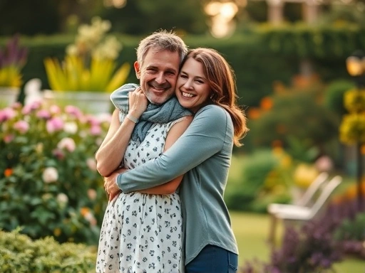 Happy couple embracing in a garden, symbolizing successful remarriage after divorce, with soft, romantic lighting.
