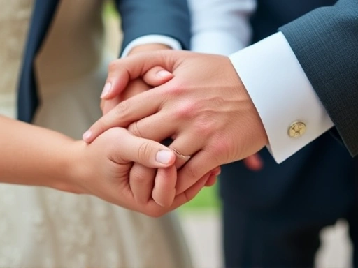 Close-up of intertwined hands of a remarried couple, representing trust and commitment in their new journey together.