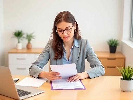 A woman confidently filling out a form at a bright desk, symbolizing the necessary administrative tasks after a divorce.