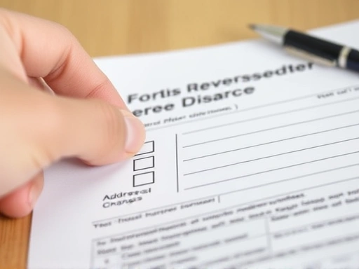 Close-up of a hand carefully checking boxes on a government form related to address changes after a divorce.