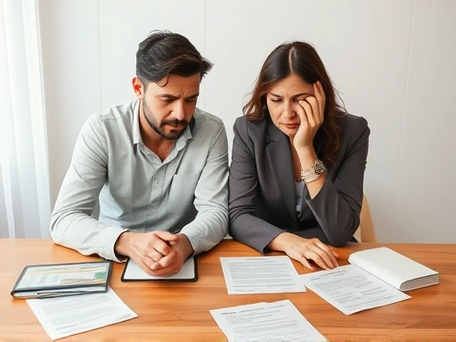 A couple sits at a table, looking distressed while discussing divorce settlement factors, legal documents scattered around.