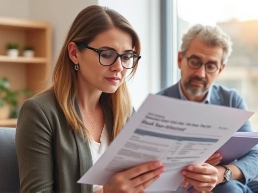 A woman looking thoughtfully at a document related to divorce social security benefits with a supportive social worker in a bright office setting.