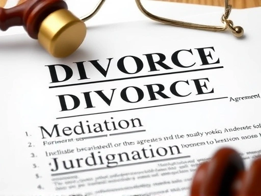 Close-up illustration of legal documents symbolizing divorce, highlighting various processes: agreement, mediation, judgment.