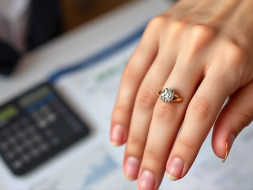 Close-up shot of a hand holding a wedding ring, with a blurred background of financial papers, representing the difficult decision of divorce due to economic reasons.
