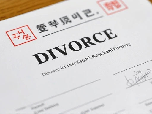 A close-up shot of divorce papers with stamps and signatures, symbolizing legal separation between a Korean and a foreigner.