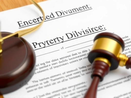 Close-up of legal documents related to property division in a divorce case involving gambling debts, emphasizing legal complexities.