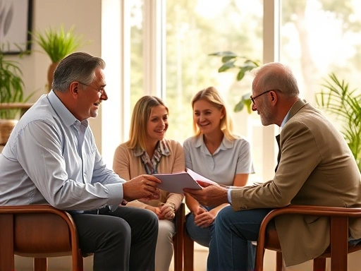 A family discussing insurance beneficiary changes with a financial advisor in a sunlit office, highlighting financial planning and family care.