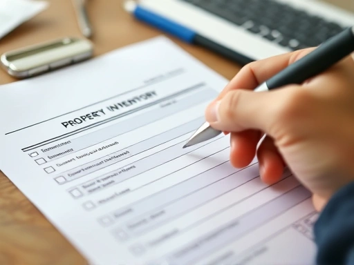Close-up shot of a hand filling out a property inventory form, emphasizing the importance of organized asset management
