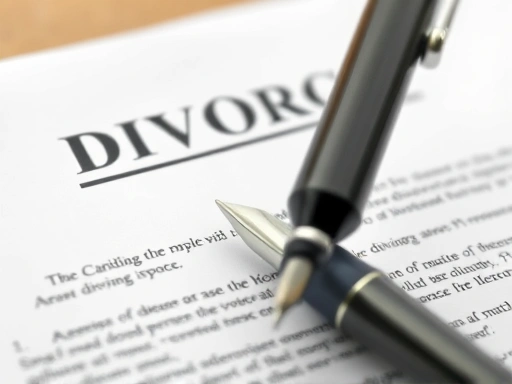 Close-up of divorce papers with a pen, highlighting the legal documentation and the seriousness of the divorce process.