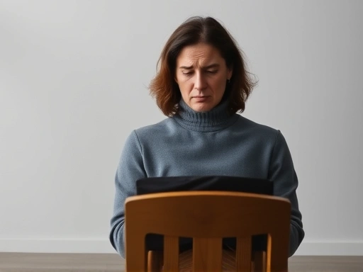 A person looking frustrated during a mediation session, with an empty chair symbolizing the absent party