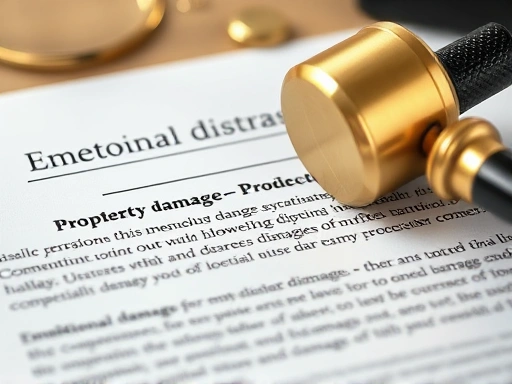 Close-up of legal documents highlighting the difference between compensation for emotional distress and property damage