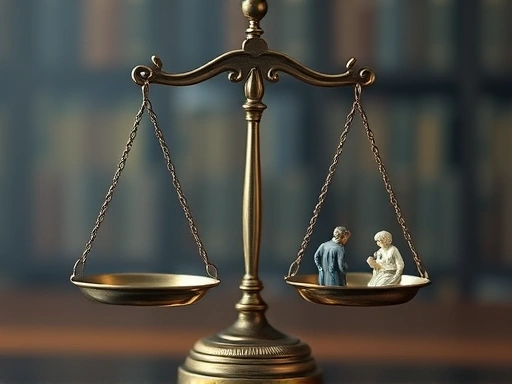 Detailed shot of scales of justice balancing emotional distress compensation and tangible financial loss, legal concept