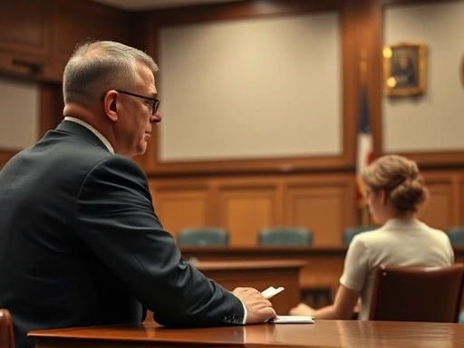 A solemn courtroom scene with a judge overseeing a military divorce case, emphasizing fairness and justice.