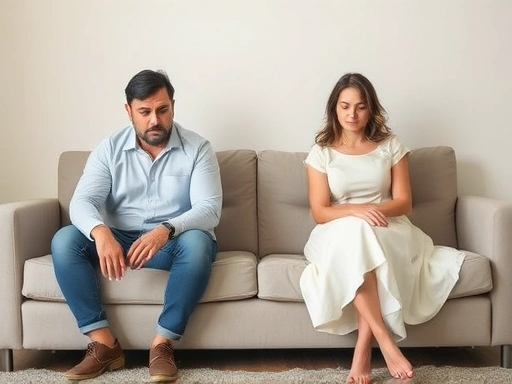 A newly married couple sits on opposite ends of a couch, looking stressed and unhappy, representing marital discord and consideration of divorce.