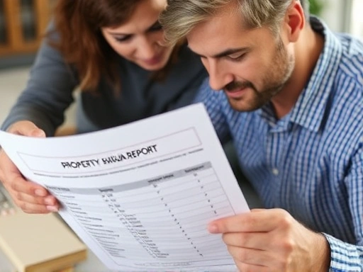 A detailed photo of a couple looking at a property valuation report, showcasing the complexities of overseas property division.
