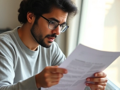 A concerned parent thoughtfully reviewing legal documents related to child custody change with soft natural light.