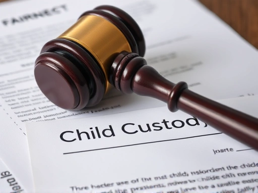 Close-up image of a judge's gavel resting on legal documents, symbolizing a child custody case with a focus on fairness.