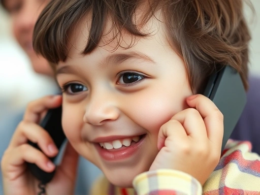 Close-up of a smiling child talking on the phone with their non-custodial parent, emphasizing the importance of regular communication.