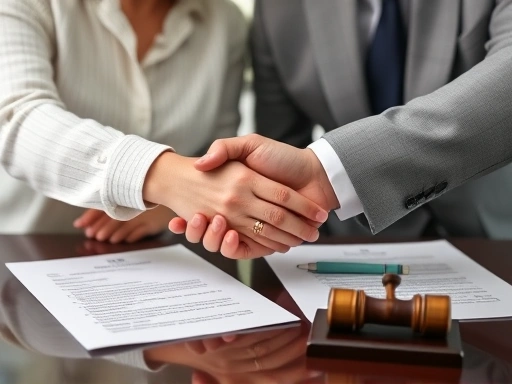 A couple shaking hands after signing a property division agreement, symbolizing a peaceful resolution with legal documents.