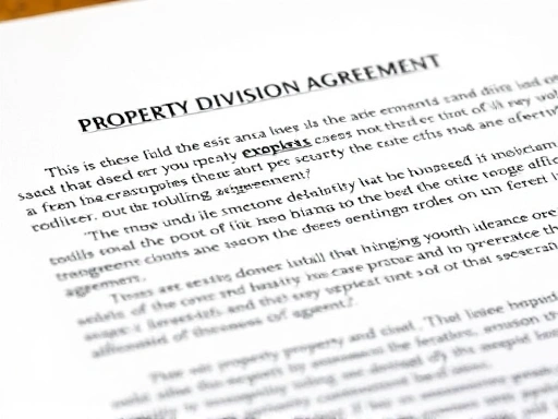 Close-up of a legal document detailing property division agreement, highlighting key terms and clauses for asset allocation.