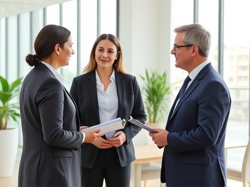 A couple discussing property division with a lawyer in a bright, modern office, emphasizing fairness and legal expertise.