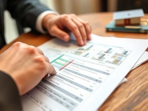 Detailed view of a 감정평가사의 hand analyzing property documents, emphasizing the expertise in 재산분할.