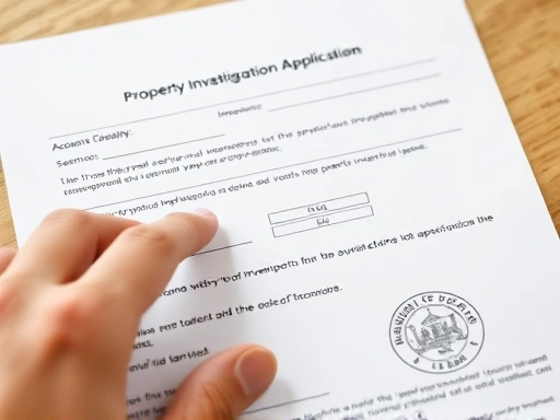 Detailed shot of a hand filling out a property investigation application form, highlighting key sections and the official seal.