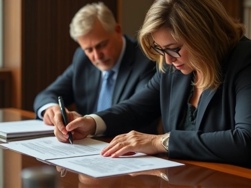 A public official signing divorce papers with a thoughtful expression, symbolizing the complexities of their profession and personal life.