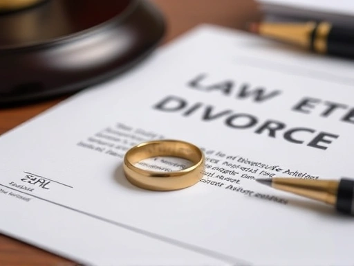 Close-up shot of a wedding ring on a desk beside official documents, representing the legal and emotional aspects of a public officer's divorce.