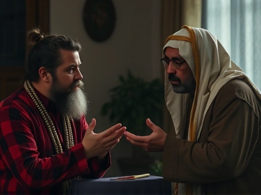 A couple from different religious backgrounds having a serious discussion about their beliefs in a dimly lit room.