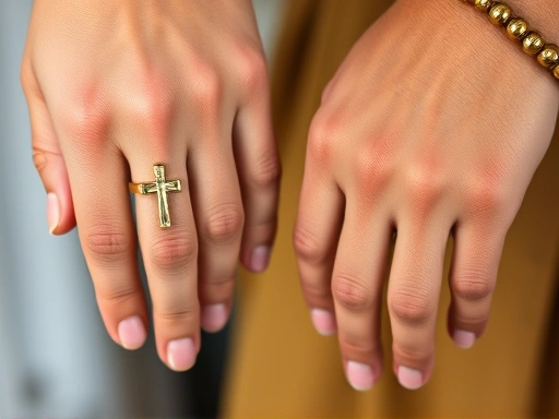 Close-up shot of two hands, one wearing a Christian cross ring and the other wearing a Buddhist prayer bead bracelet, symbolizing religious differences.