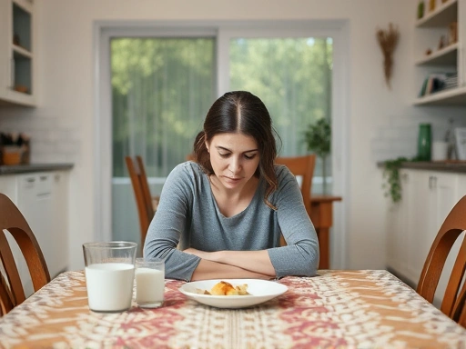 A stressed woman sits at her kitchen table, overwhelmed by family conflict about 시댁갈등.