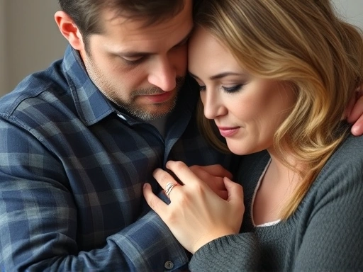 Close-up image of a husband comforting his wife, showing empathy and support during the 시댁갈등.