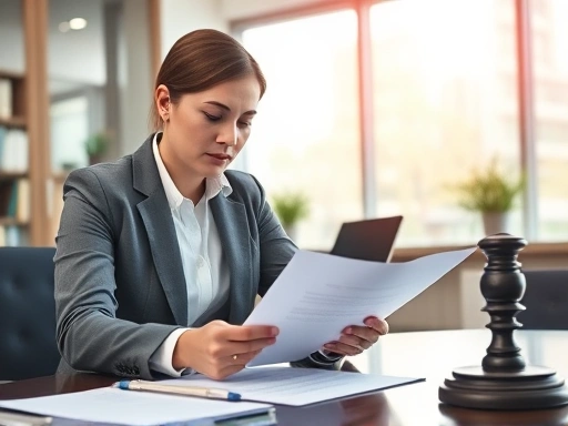 A legal professional reviewing documents related to a divorce case in a bright, modern office setting, emphasizing precision and attention to detail.