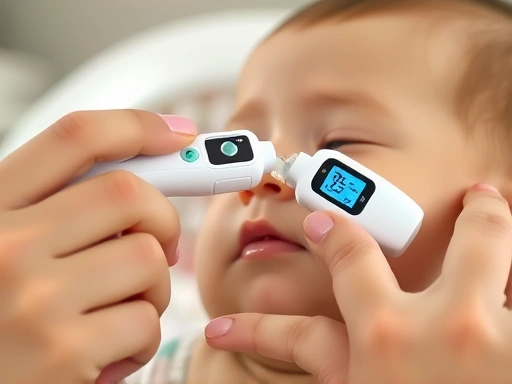 Close-up of a parent gently taking a baby's temperature with a modern digital thermometer, emphasizing care and precision, soft focus on the baby's face, warm lighting, natural interaction, accurate reading.