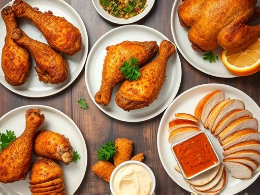 A high-angle shot of a table with several plates, each featuring different types of air-fried chicken: crispy drumsticks, golden-brown wings, a whole roasted chicken, and sliced chicken breast, with fresh herbs and dipping sauces. Focus on the variety and deliciousness of air fryer chicken. SEO keywords: air fryer chicken, chicken recipes, crispy chicken.