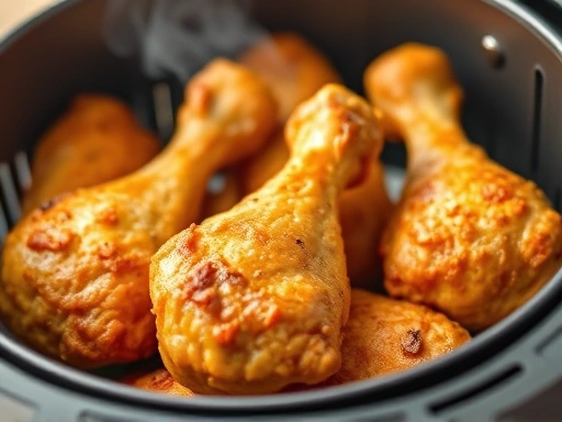 A close-up shot of an air fryer basket filled with perfectly golden and crispy air-fried chicken drumsticks, showing the texture of the skin and the steam rising slightly. The background is softly blurred to keep focus on the chicken. SEO keywords: air fryer, crispy chicken, drumsticks.