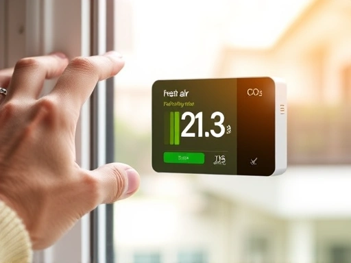 A close-up shot of a hand opening a window, with a modern air quality monitor displaying low particulate matter levels and healthy CO2, emphasizing the effectiveness of fresh air and a smart indoor environment.
