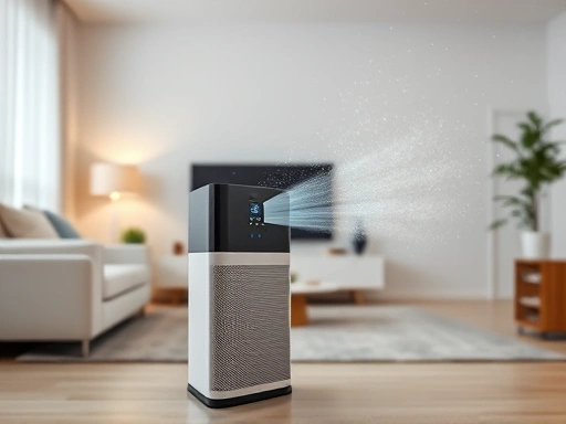 A modern air purifier in a clean, minimalist living room, with visible light particles representing fine dust being drawn into the machine, showcasing effective air purification. Focus on the sleek design and a subtle glow from the purifier's display.