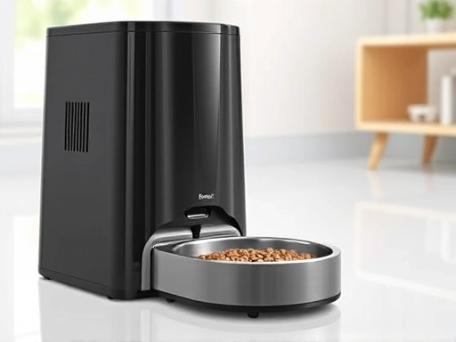 A modern, sleek automatic pet feeder with a pet bowl, showing pet food being dispensed, against a clean, bright background, highlighting convenience and technology.