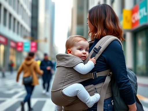 A baby in an ergonomic baby carrier held by a parent, walking comfortably through a busy city street, symbolizing ease and mobility. Include bright, soft lighting and a modern urban background.