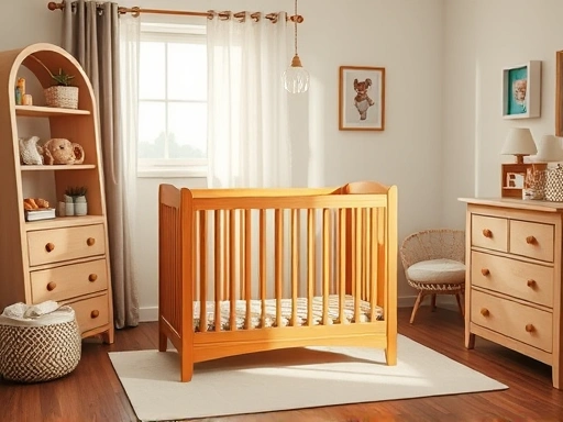 A cozy, well-lit nursery room with a securely assembled wooden baby crib at the center, highlighting safety features and a peaceful atmosphere.