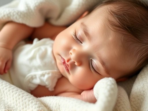 A peaceful close-up of a baby sleeping soundly in a dry diaper, showing a sense of comfort and dryness, with soft lighting and a plush blanket. Keywords: comfortable baby sleep, dry diaper, baby skin health, night diaper.