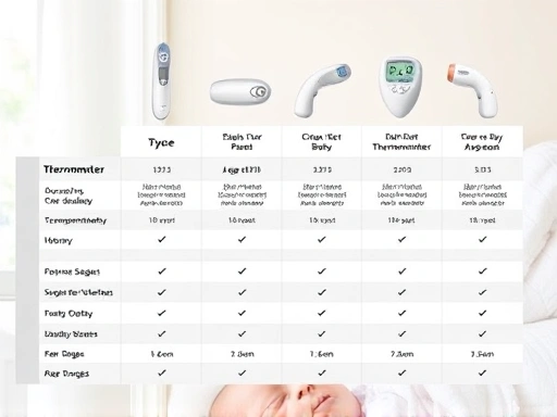A detailed comparison chart of different baby thermometers, showcasing their types, accuracy, and recommended age ranges, set against a soft, comforting background, high-key lighting, clean design, informative.